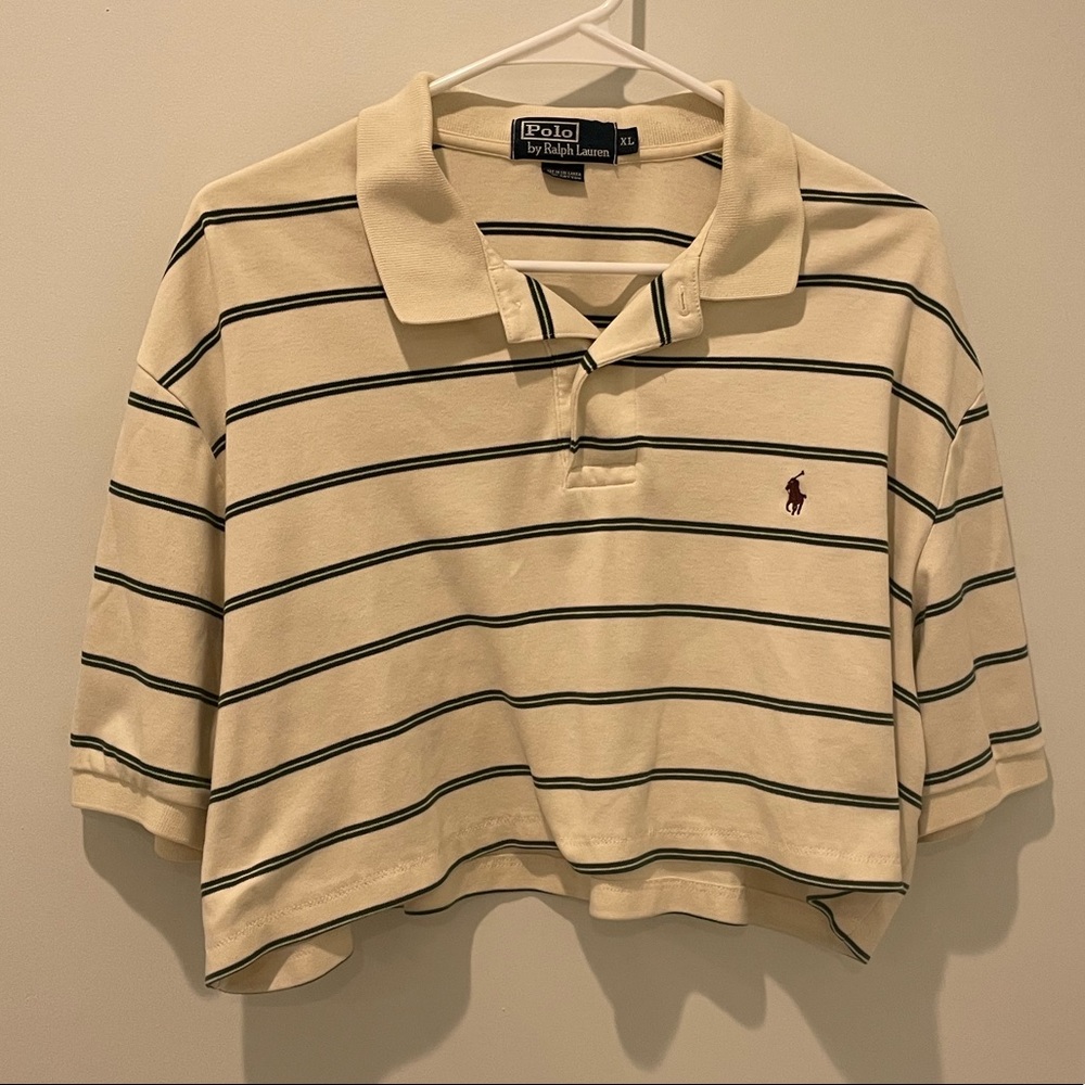 Cream and Green Striped Crop Top